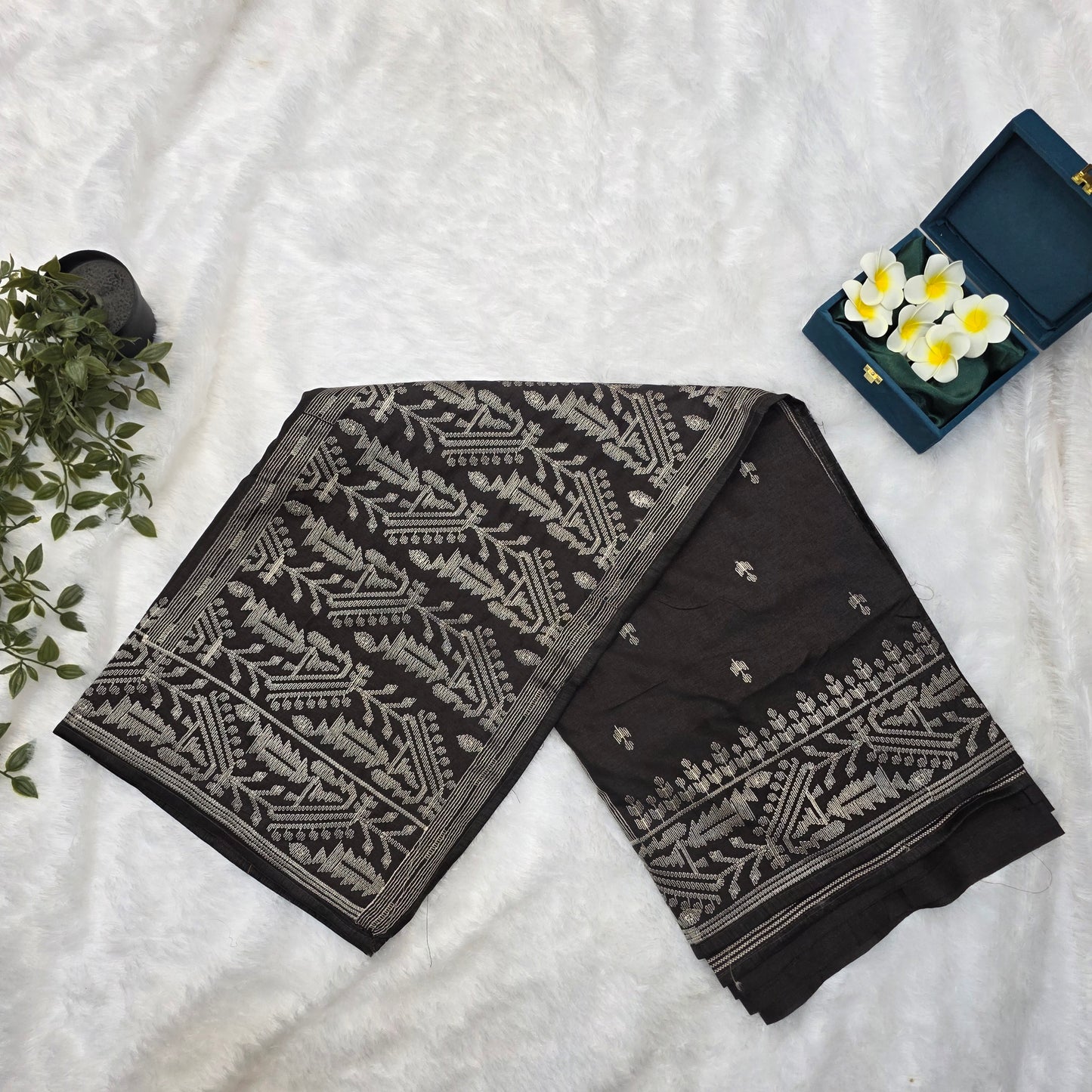Tussar Silk Aari Work Saree in Deep Dark Brown with Intricate Ivory Thread Embroidery