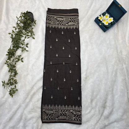 Tussar Silk Aari Work Saree in Deep Dark Brown with Intricate Ivory Thread Embroidery