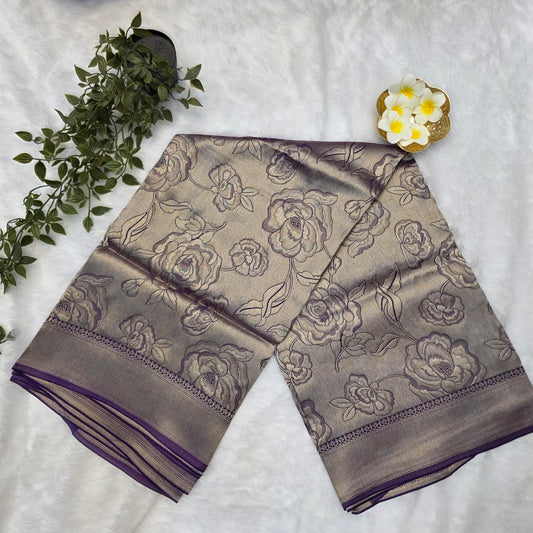 Pure Viscose Dola Saree in Purple Satin with Rose Floral Weaving
