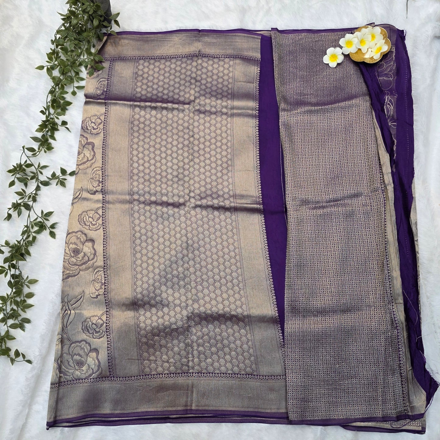 Pure Viscose Dola Saree in Purple Satin with Rose Floral Weaving