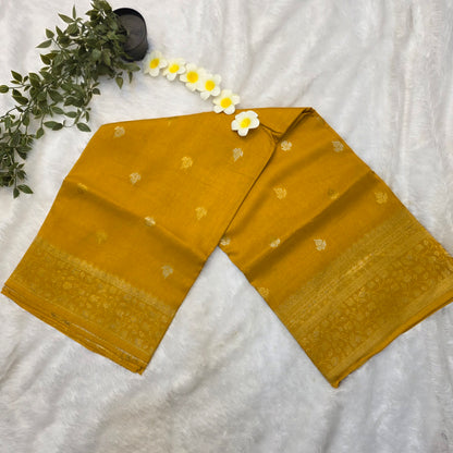 Pure Viscose Dola Silk Saree in Mustard Yellow with Rich Gold Zari Weaving