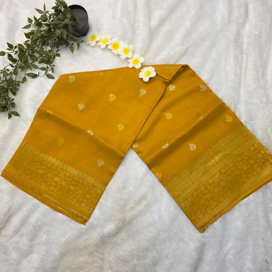 Pure Viscose Dola Silk Saree in Mustard Yellow with Rich Gold Zari Weaving