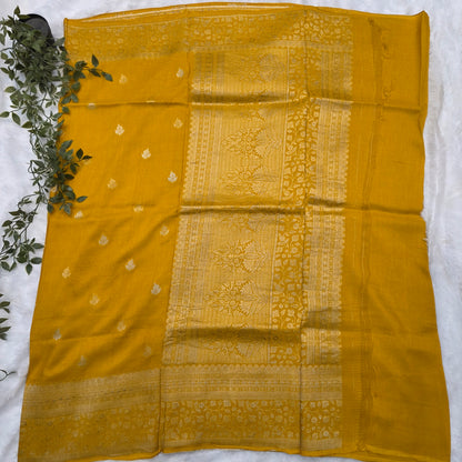 Pure Viscose Dola Silk Saree in Mustard Yellow with Rich Gold Zari Weaving