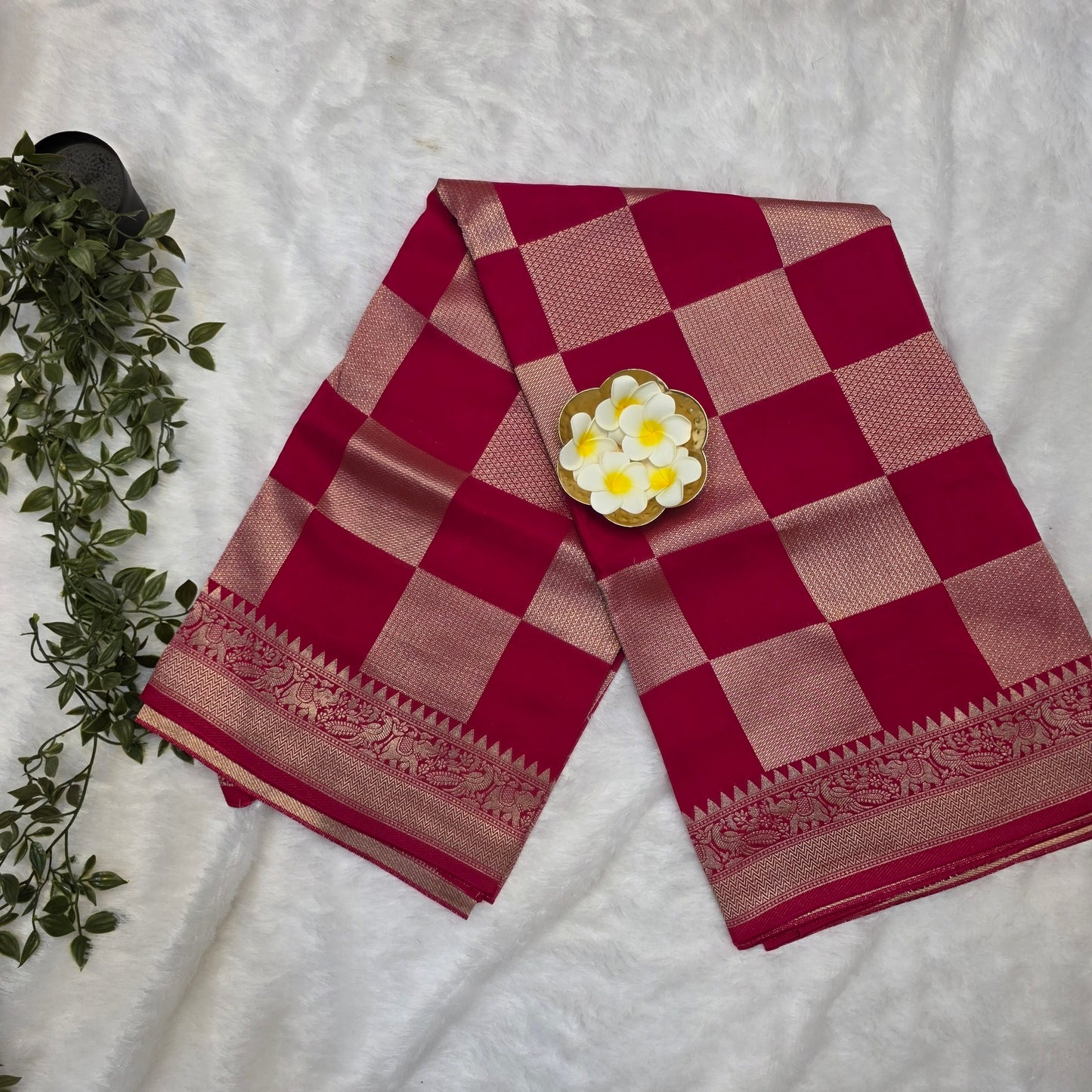 Pure Viscose Dola Saree in Rani Pink with Gold Zari Checks