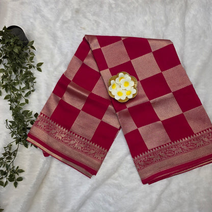 Pure Viscose Dola Saree in Rani Pink with Gold Zari Checks