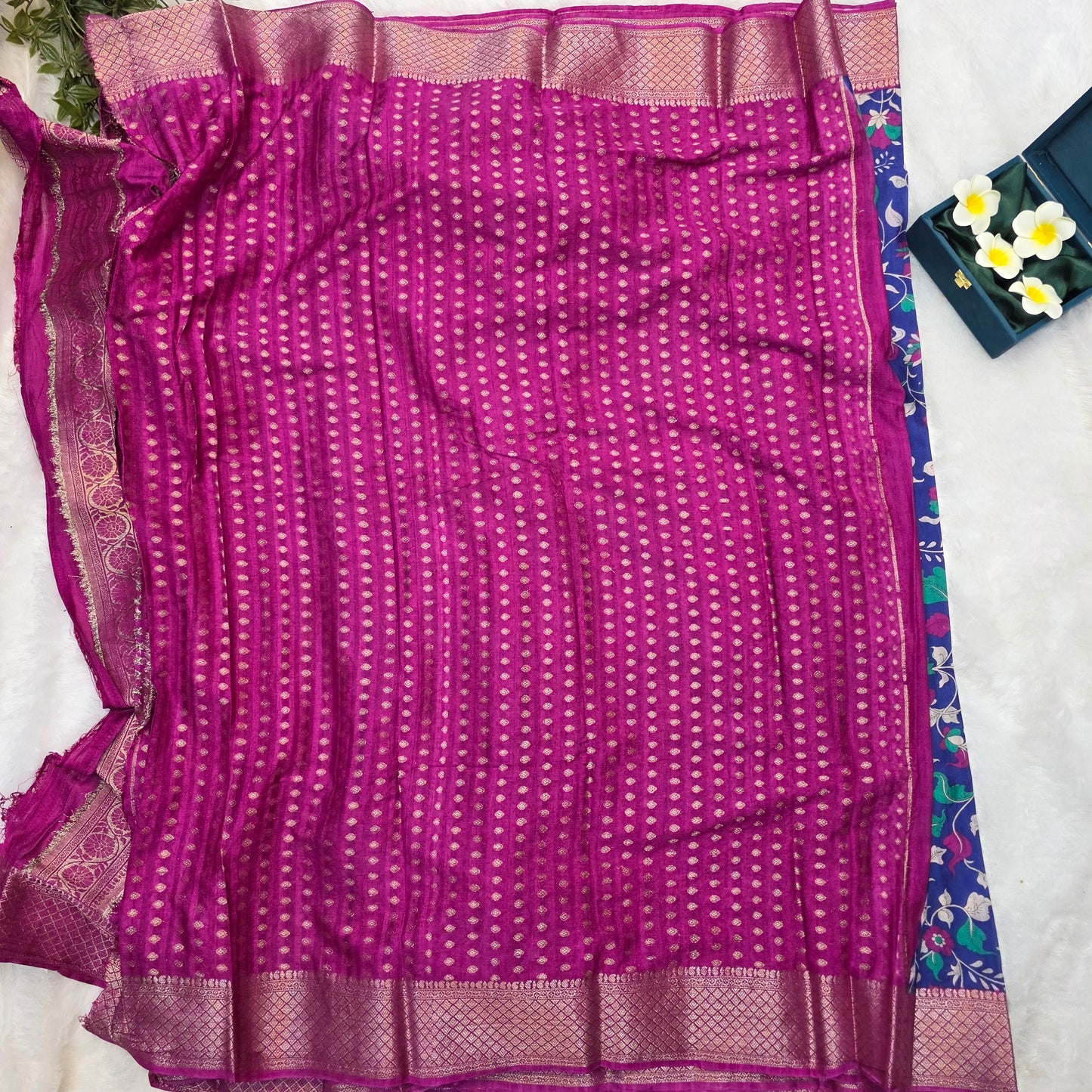 Pochampalli Tussar Silk Saree in Royal Blue with Rani Pink Pallu