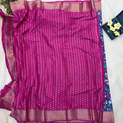 Pochampalli Tussar Silk Saree in Royal Blue with Rani Pink Pallu
