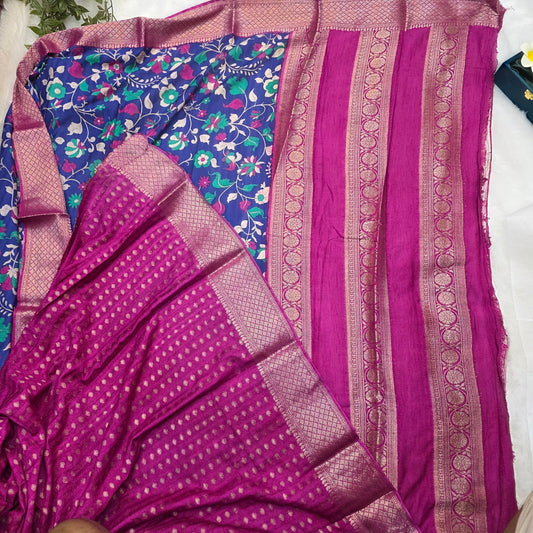 Pochampalli Tussar Silk Saree in Royal Blue with Rani Pink Pallu