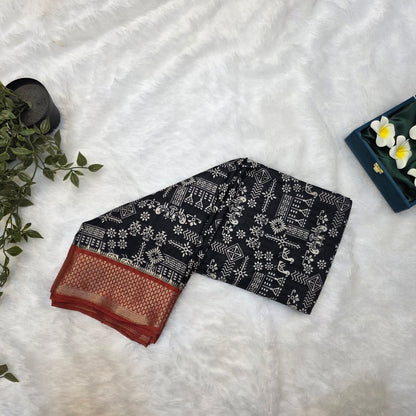 Pochampalli Tussar Saree in Black and Rust Red with Traditional Ikat-Inspired Motifs