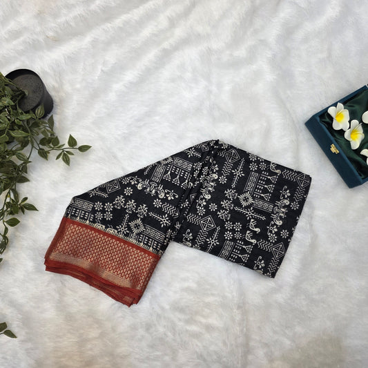 Pochampalli Tussar Saree in Black and Rust Red with Traditional Ikat-Inspired Motifs