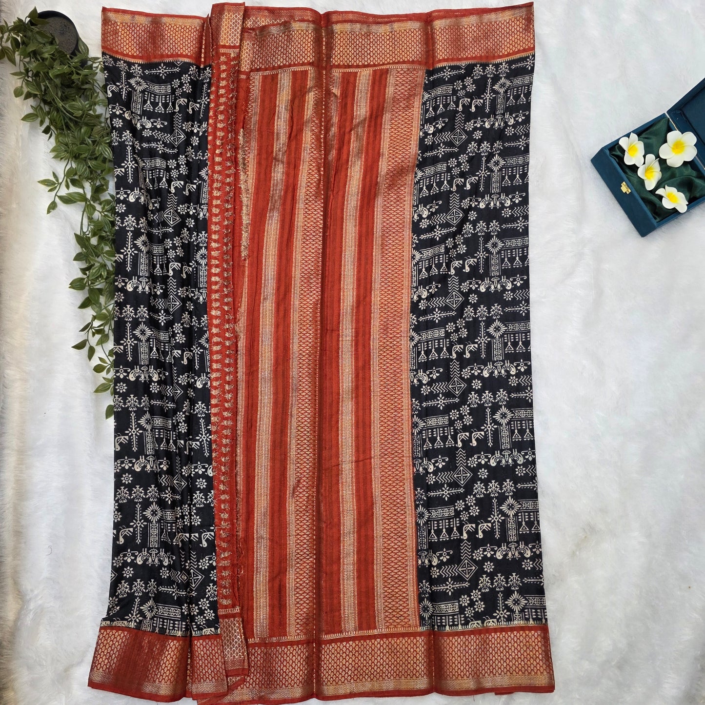 Pochampalli Tussar Saree in Black and Rust Red with Traditional Ikat-Inspired Motifs