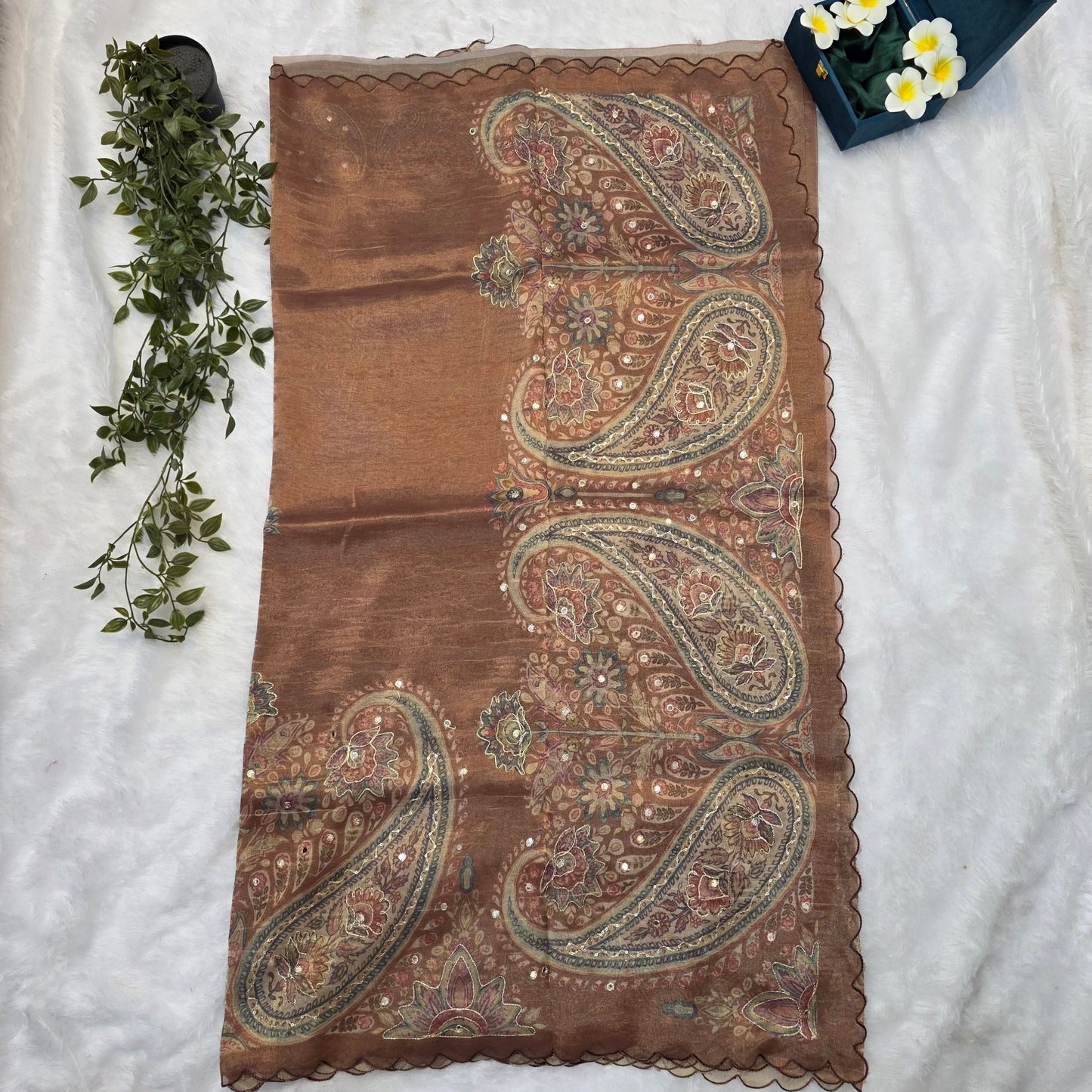 Organza Tissue Kheta Work Saree in Rustic Brown with Intricate Paisley & Floral Detailing