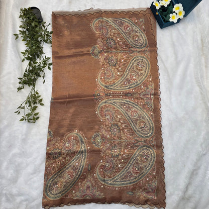 Organza Tissue Kheta Work Saree in Rustic Brown with Intricate Paisley & Floral Detailing