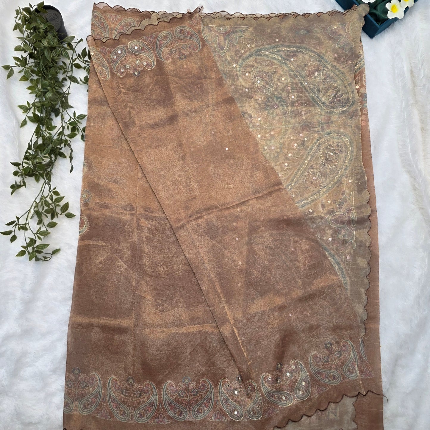 Organza Tissue Kheta Work Saree in Rustic Brown with Intricate Paisley & Floral Detailing