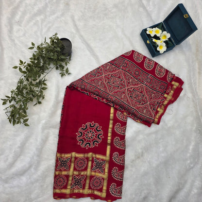 Gajji Silk Saree in Classic Red and Gold with Traditional Ajrakh-Inspired Prints