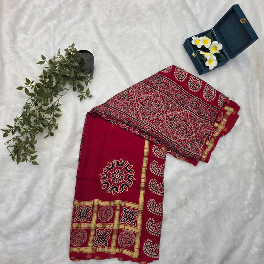 Gajji Silk Saree in Classic Red and Gold with Traditional Ajrakh-Inspired Prints