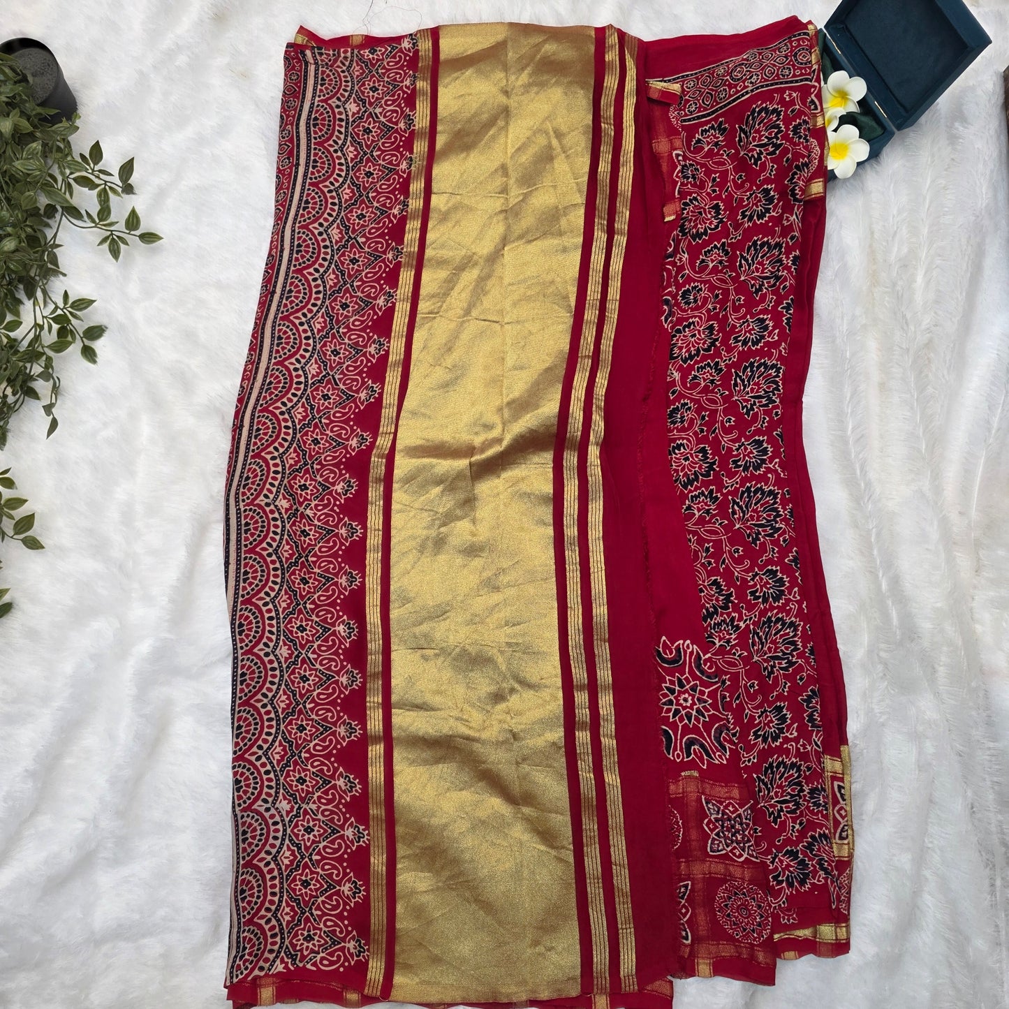 Gajji Silk Saree in Classic Red and Gold with Traditional Ajrakh-Inspired Prints
