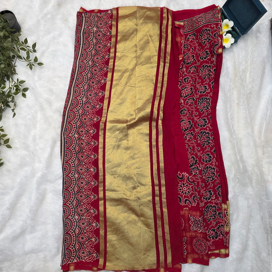 Gajji Silk Saree in Classic Red and Gold with Traditional Ajrakh-Inspired Prints
