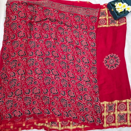 Gajji Silk Saree in Classic Red and Gold with Traditional Ajrakh-Inspired Prints