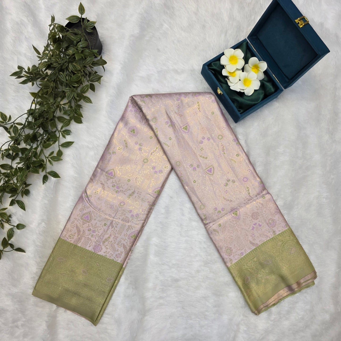 Kanchi Budget-friendly Soft Silk Saree in Soft Lilac with Pastel Green Pallu and Antique Gold Zari