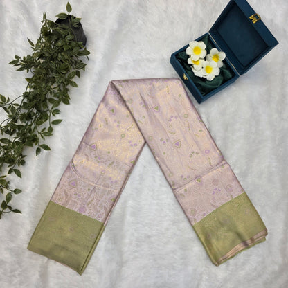 Kanchi Budget-friendly Soft Silk Saree in Soft Lilac with Pastel Green Pallu and Antique Gold Zari