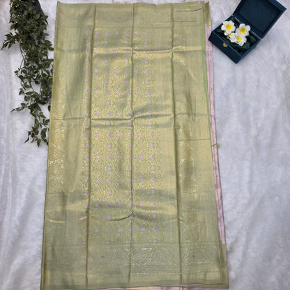 Kanchi Budget-friendly Soft Silk Saree in Soft Lilac with Pastel Green Pallu and Antique Gold Zari