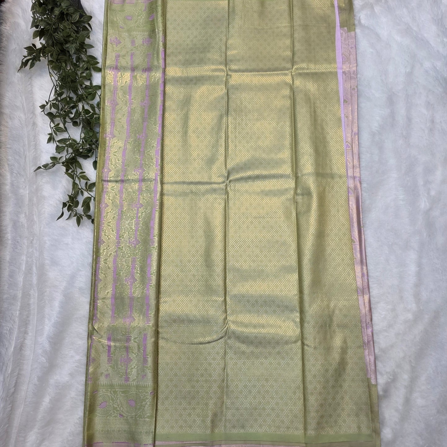 Kanchi Budget-friendly Soft Silk Saree in Soft Lilac with Pastel Green Pallu and Antique Gold Zari