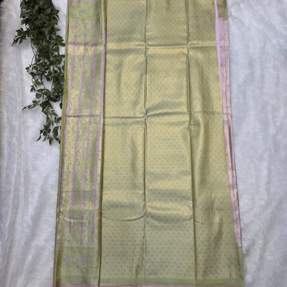 Kanchi Budget-friendly Soft Silk Saree in Soft Lilac with Pastel Green Pallu and Antique Gold Zari