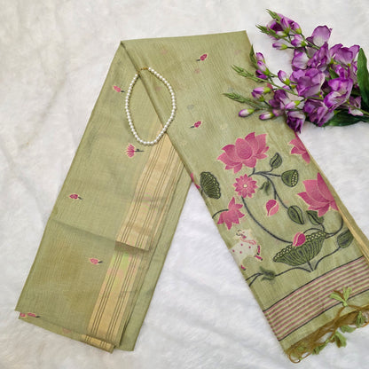Muga Tissue Silk Saree in Pastel Green with Classic Pichwai Weaving Work