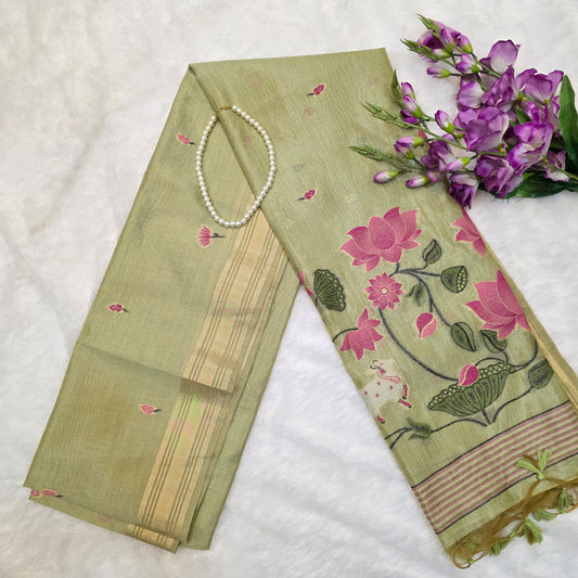 Muga Tissue Silk Saree in Pastel Green with Classic Pichwai Weaving Work