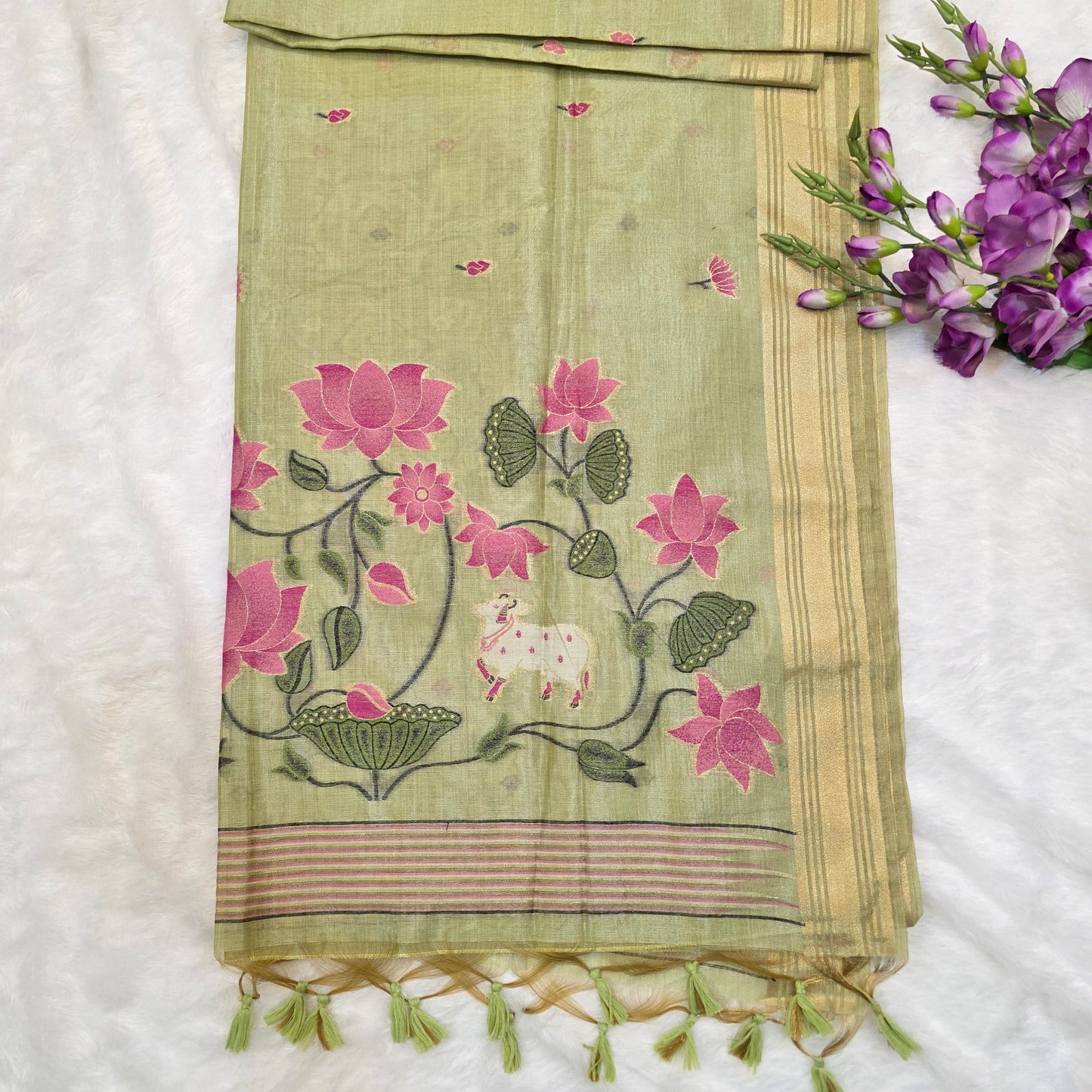 Muga Tissue Silk Saree in Pastel Green with Classic Pichwai Weaving Work