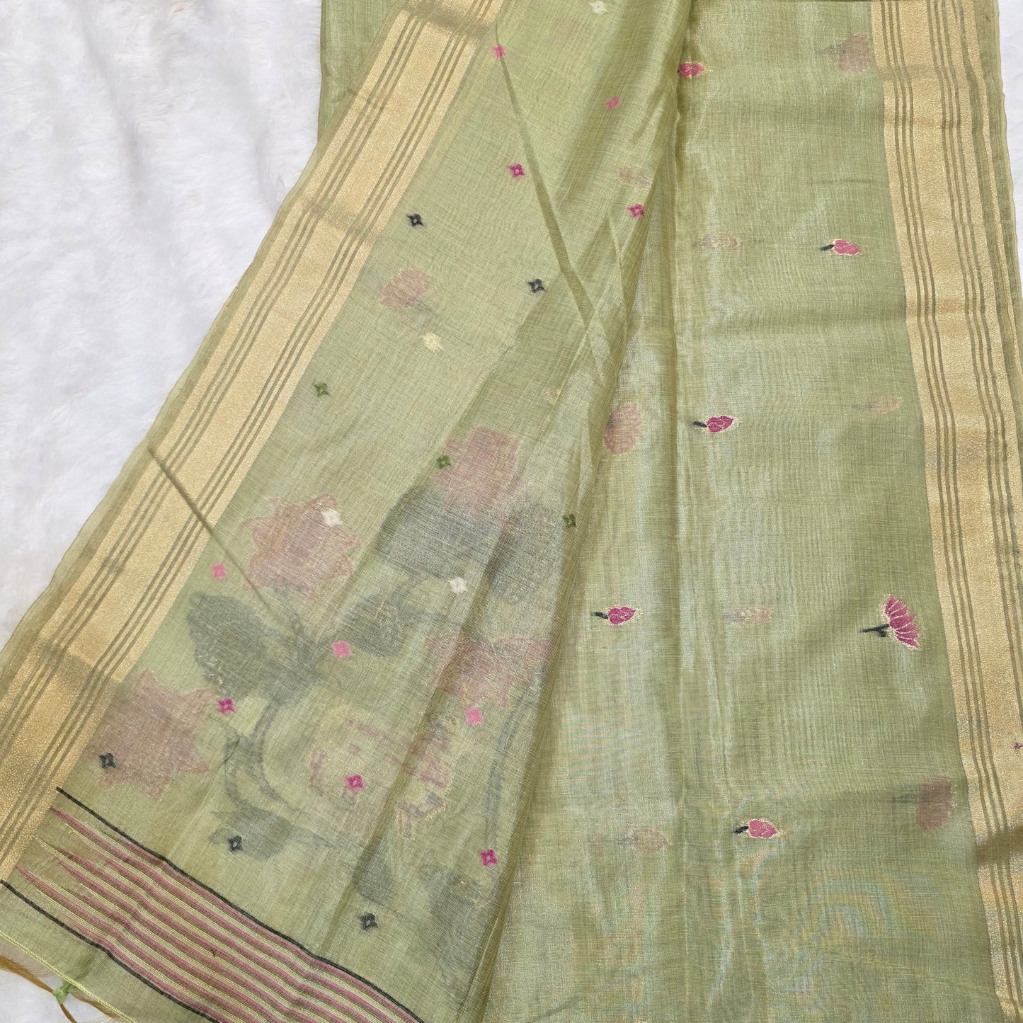 Muga Tissue Silk Saree in Pastel Green with Classic Pichwai Weaving Work