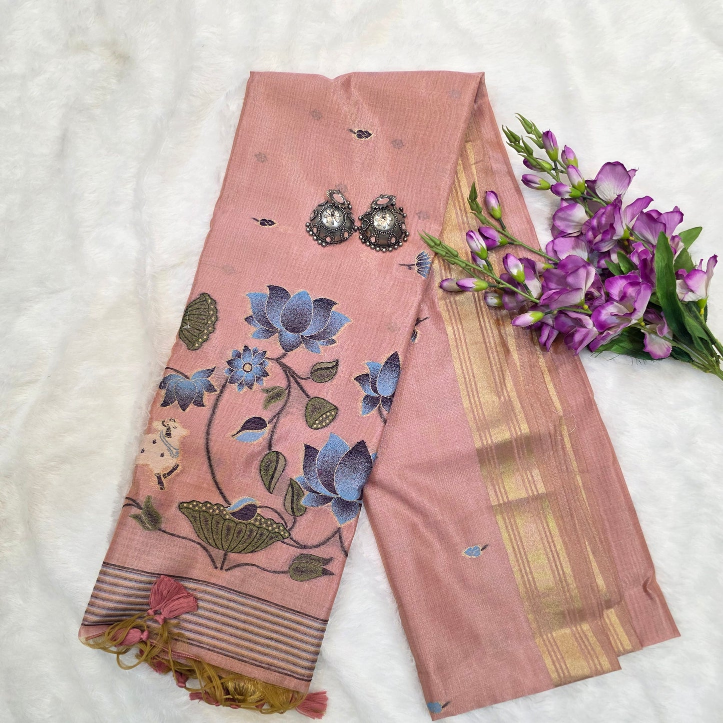 Muga Tissue Silk Saree in Baby Pink with Classic Pichwai Weaving Work