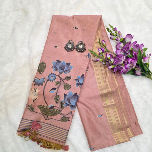 Muga Tissue Silk Saree in Baby Pink with Classic Pichwai Weaving Work