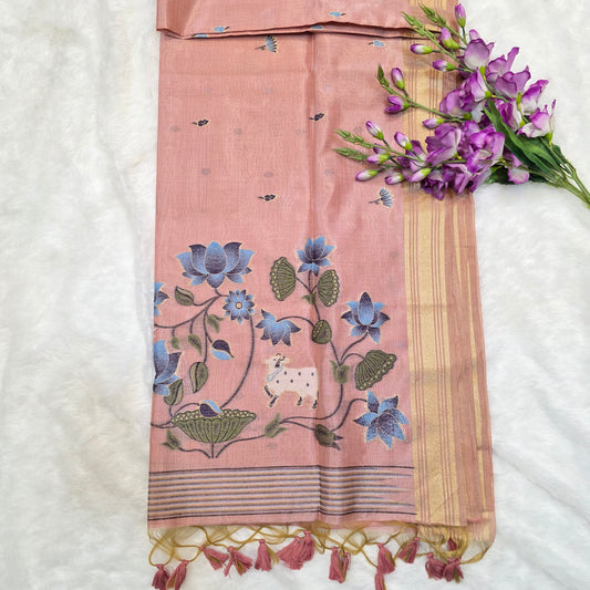 Muga Tissue Silk Saree in Baby Pink with Classic Pichwai Weaving Work