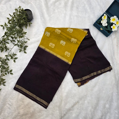 Mysore Crepe Dola Silk Saree in Mustard Yellow and Deep Brown with Elephant Motifs