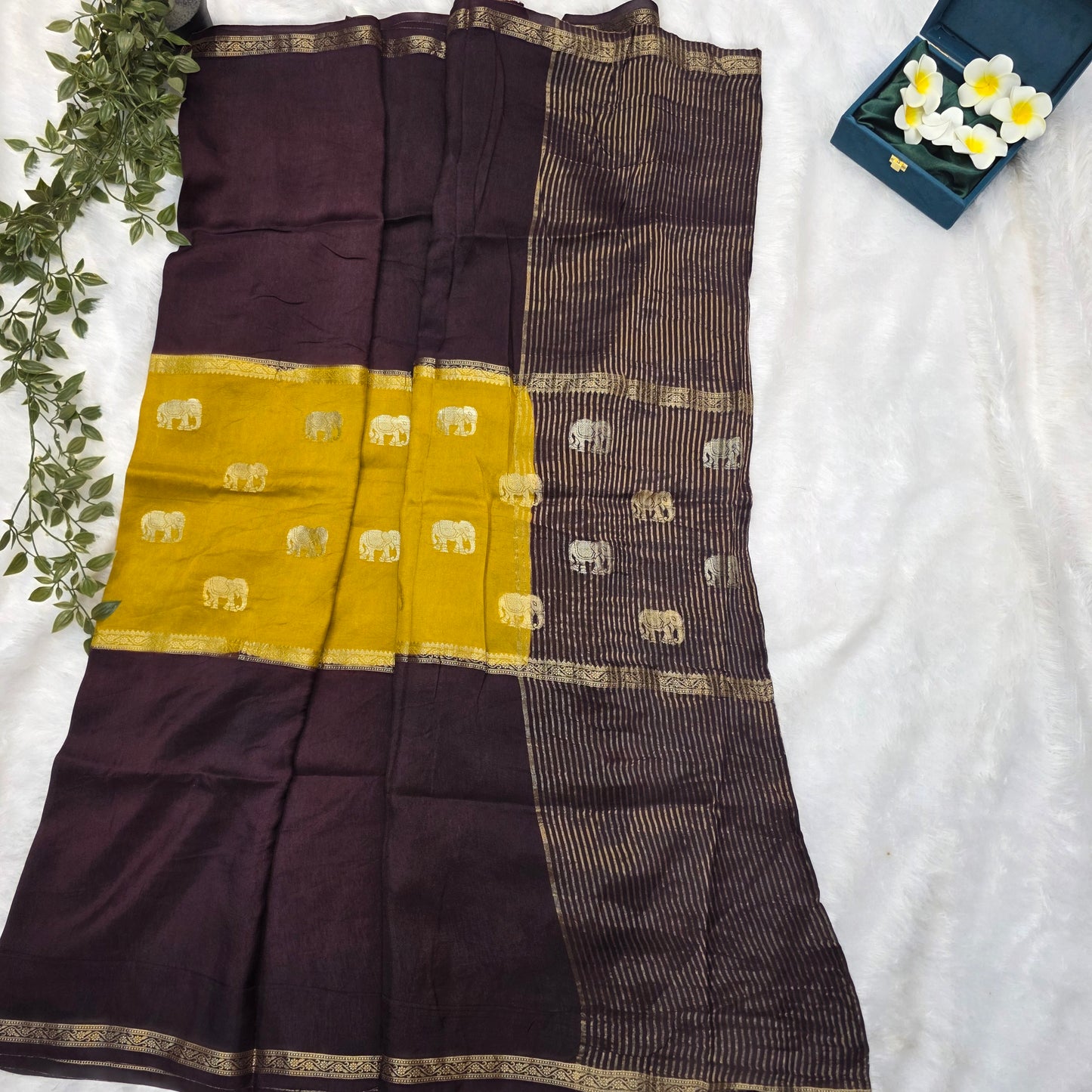 Mysore Crepe Dola Silk Saree in Mustard Yellow and Deep Brown with Elephant Motifs