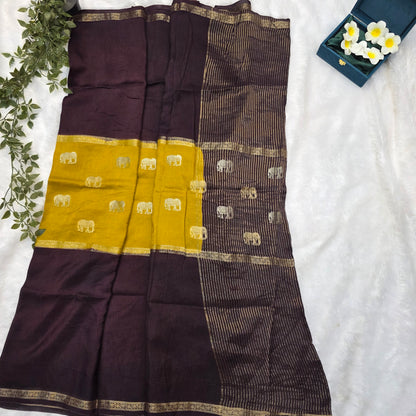 Mysore Crepe Dola Silk Saree in Mustard Yellow and Deep Brown with Elephant Motifs