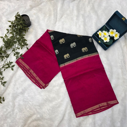 Mysore Crepe Dola Silk Saree in Rani Pink and Dark Green with Elephant Zari Motifs