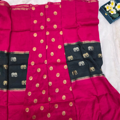 Mysore Crepe Dola Silk Saree in Rani Pink and Dark Green with Elephant Zari Motifs