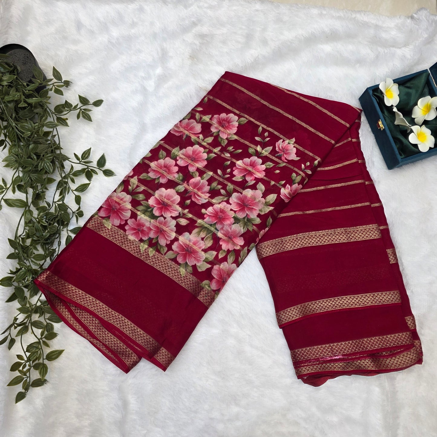 Mysore Crepe Digital Saree in Ruby Red with Floral Prints and Gold Zari Borders