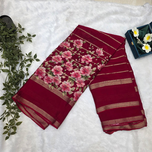 Mysore Crepe Digital Saree in Ruby Red with Floral Prints and Gold Zari Borders