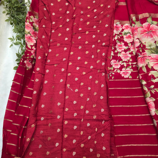 Mysore Crepe Digital Saree in Ruby Red with Floral Prints and Gold Zari Borders