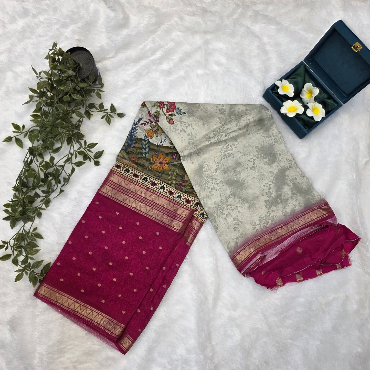 Mysore Crepe Digital Saree in Soft Grey and Rani Pink with Peacock Floral Pallu
