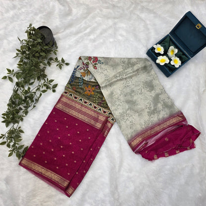 Mysore Crepe Digital Saree in Soft Grey and Rani Pink with Peacock Floral Pallu