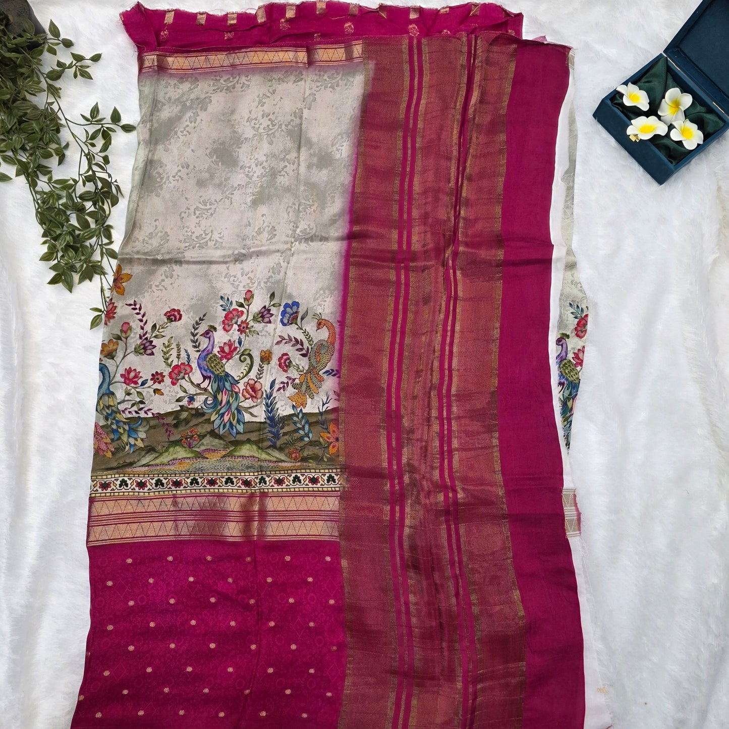 Mysore Crepe Digital Saree in Soft Grey and Rani Pink with Peacock Floral Pallu