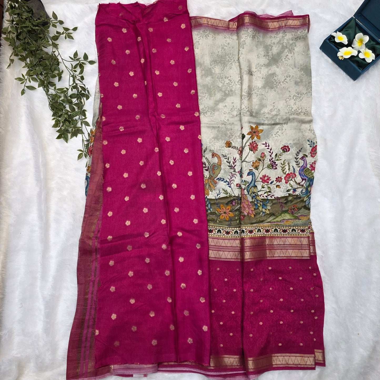 Mysore Crepe Digital Saree in Soft Grey and Rani Pink with Peacock Floral Pallu