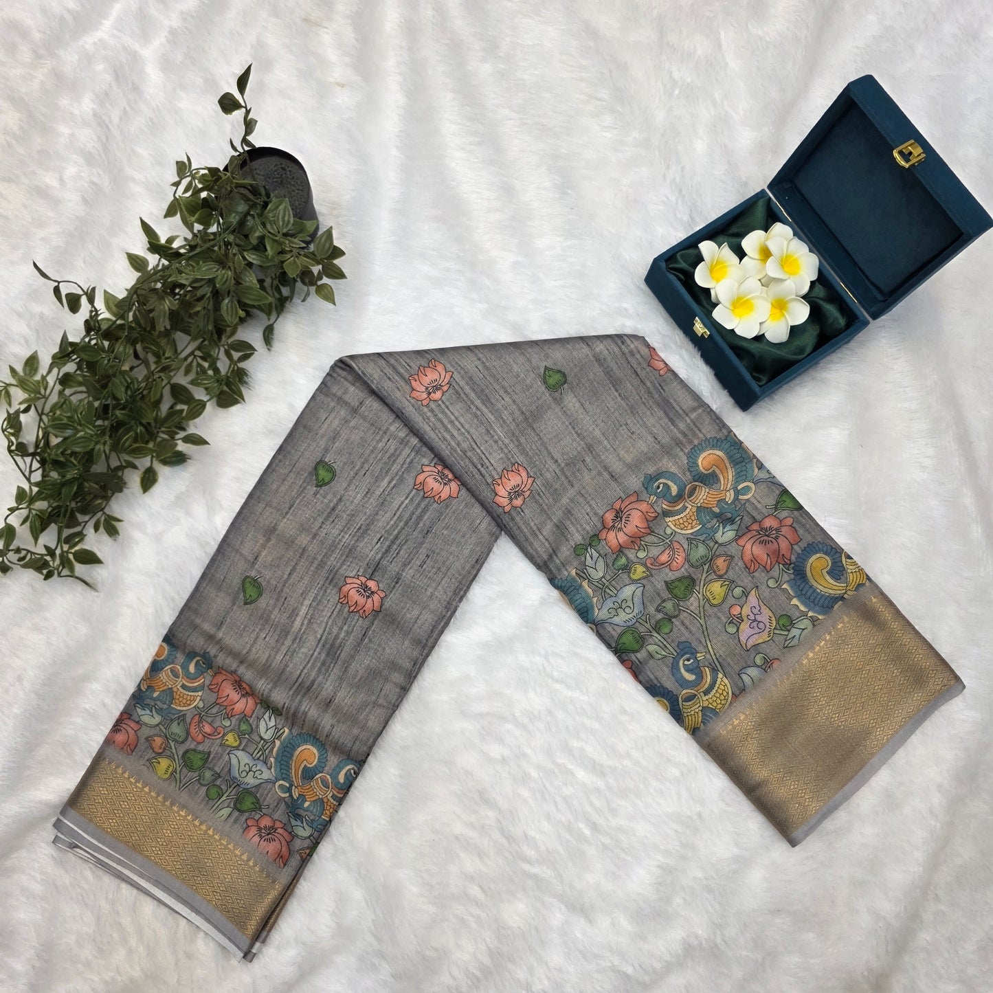 Banaras Tissue Linen Saree in Slate Grey with Multicolour Kalamkari and Antique Gold Zari