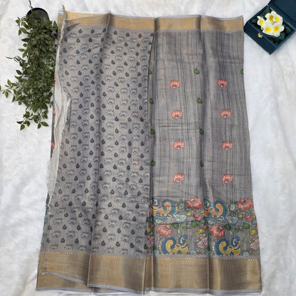 Banaras Tissue Linen Saree in Slate Grey with Multicolour Kalamkari and Antique Gold Zari