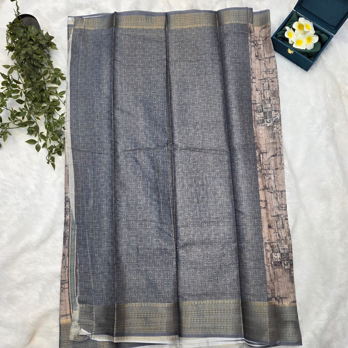 Banaras Tissue Linen Blend Saree in Smoky Grey with Antique Gold Borders